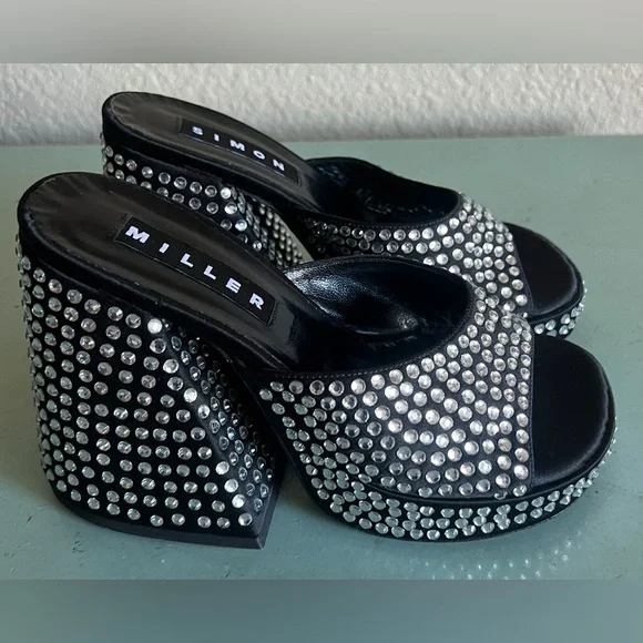 Simon Miller SLICE Platform Rhinestone  Mule Block Flared Heel Sandals Shoes 35 - Picture 11 of 13